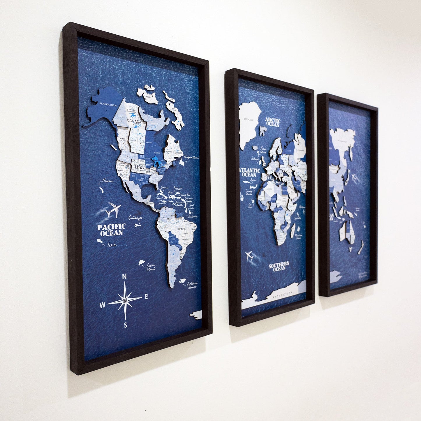 Wooden World Map on Triptych Panels - Aqua Ocean