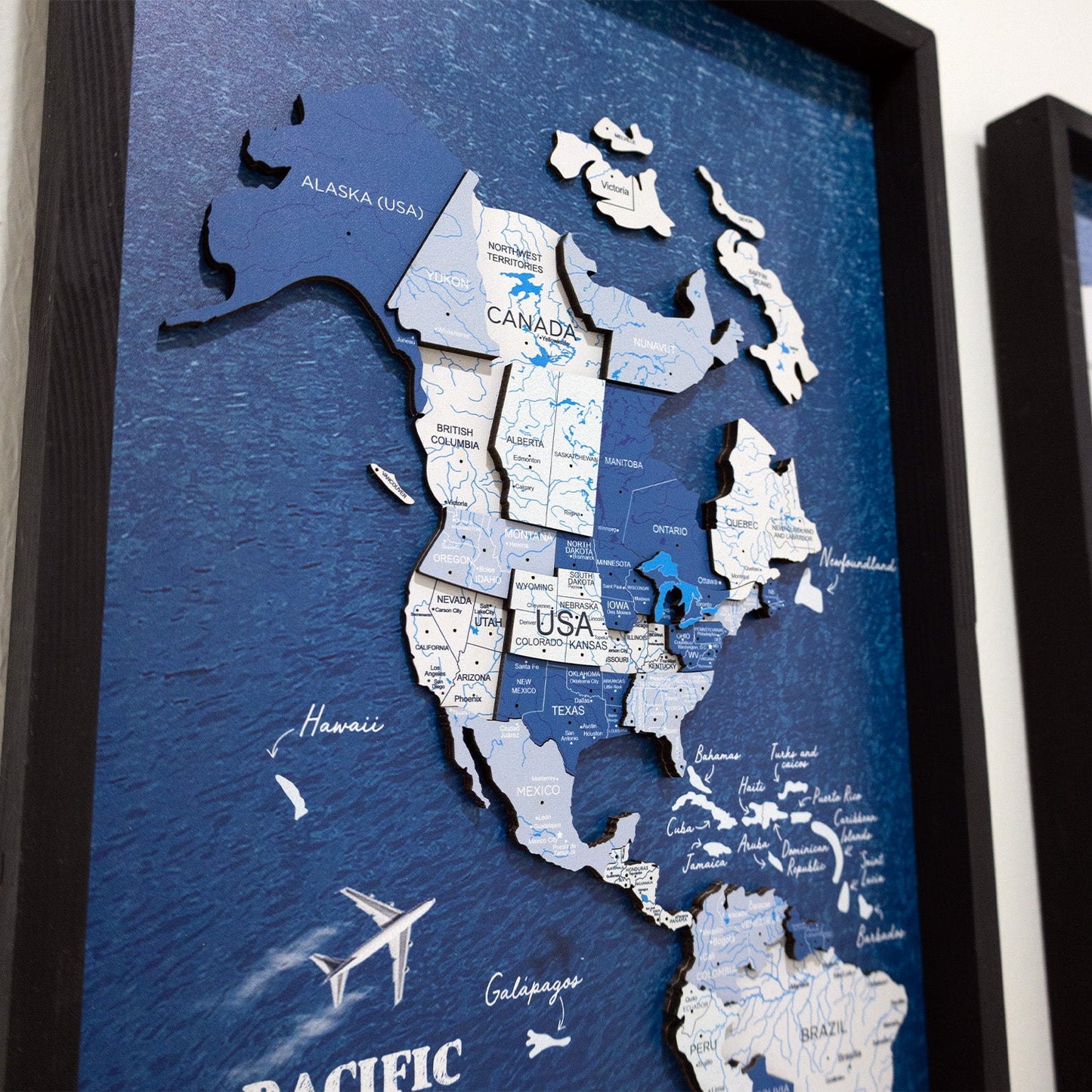 Wooden World Map on Triptych Panels - Aqua Ocean