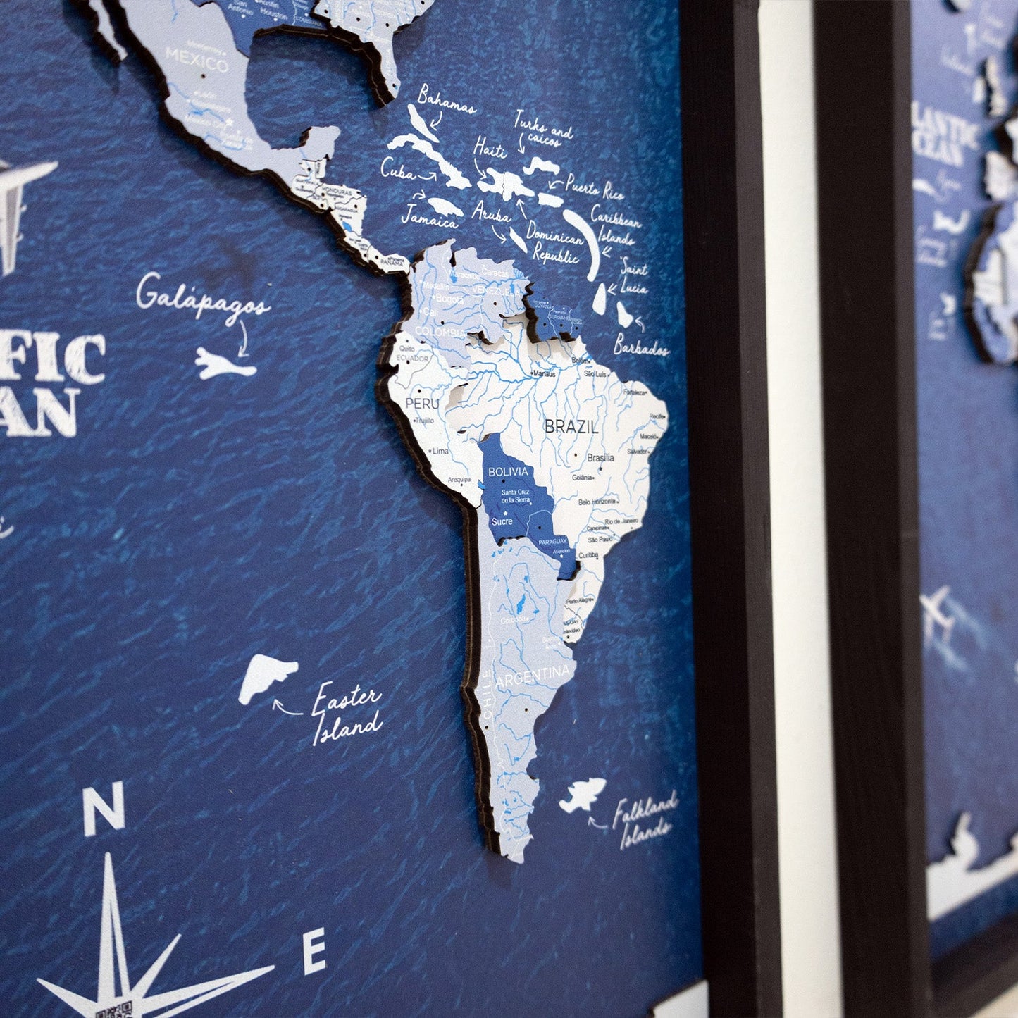 Wooden World Map on Triptych Panels - Aqua Ocean