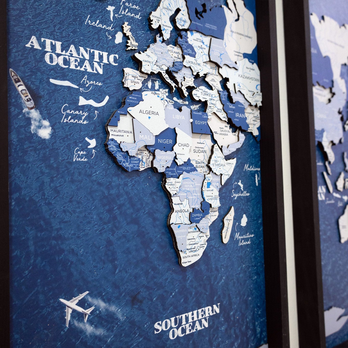 Wooden World Map on Triptych Panels - Aqua Ocean