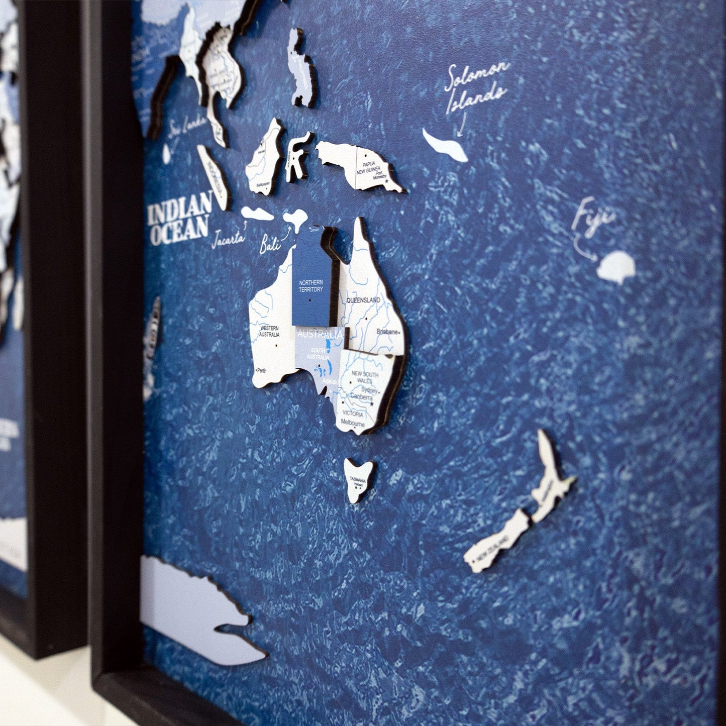 Wooden World Map on Triptych Panels - Aqua Ocean