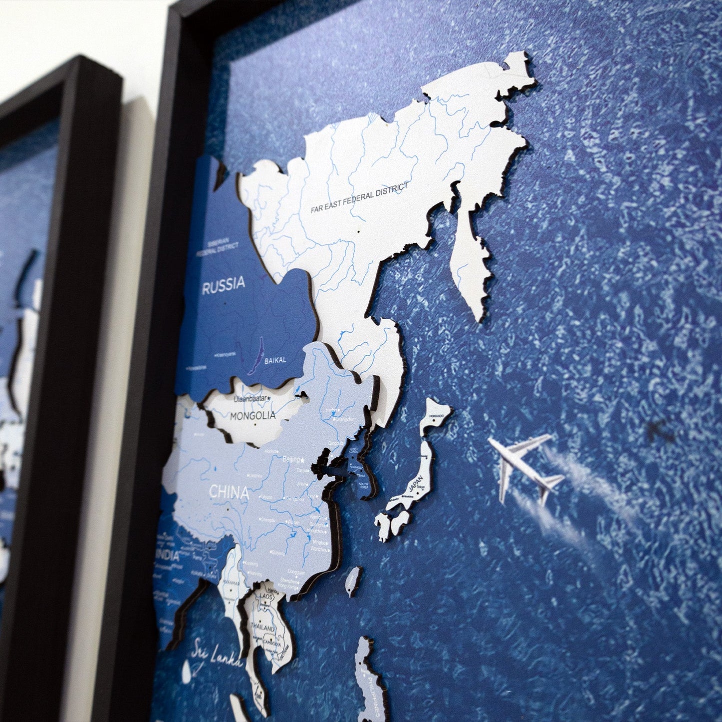 Wooden World Map on Triptych Panels - Aqua Ocean