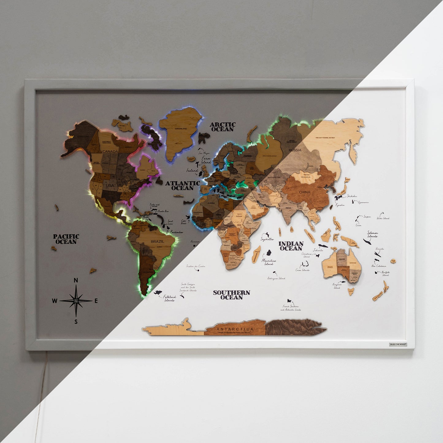 3D white panel wooden world map with multicolor LED – luxury handcrafted wall art