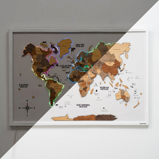 3D white panel wooden world map with multicolor LED – luxury handcrafted wall art